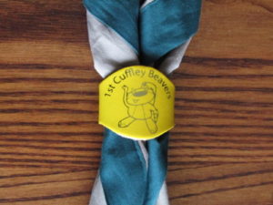 1st Cuffley Scout Group Scarf with Beaver Woggle, Beaver Scouts nearby, invested as a scout,